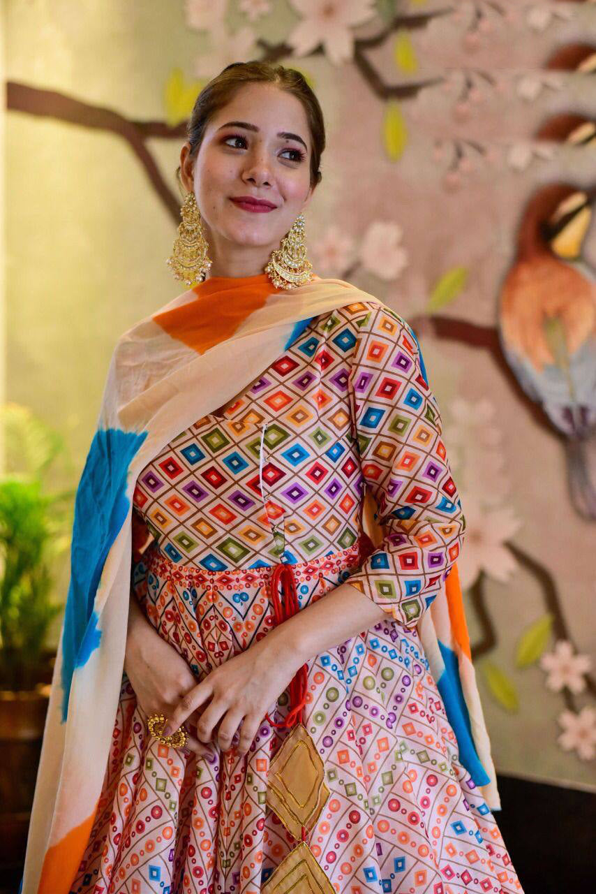 Digital Printed Cotton Silk Festive Wear Gown With Dupatta In Peach