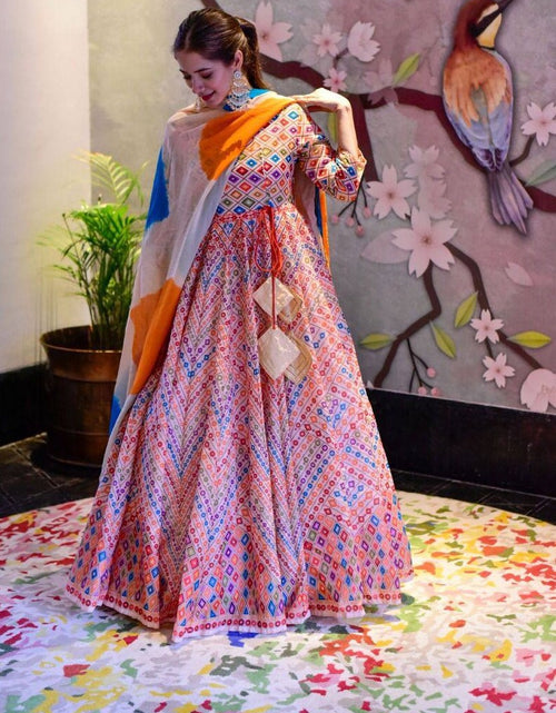 Load image into Gallery viewer, Digital Printed Cotton Silk Festive Wear Gown With Dupatta In Peach
