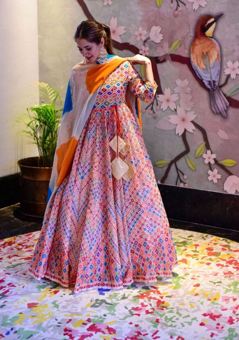 Digital Printed Cotton Silk Festive Wear Gown With Dupatta In Peach