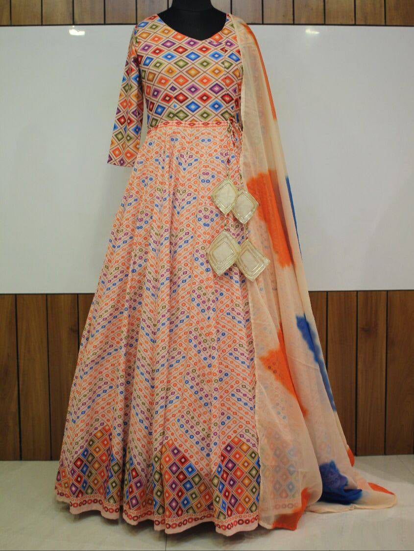 Digital Printed Cotton Silk Festive Wear Gown With Dupatta In Peach