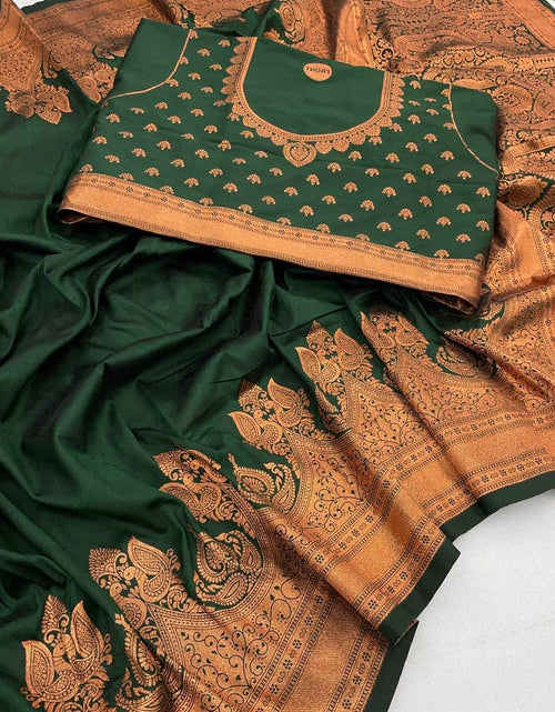 Load image into Gallery viewer, Jacquard Festive Wear Dark Green Soft Banarasi Silk Saree
