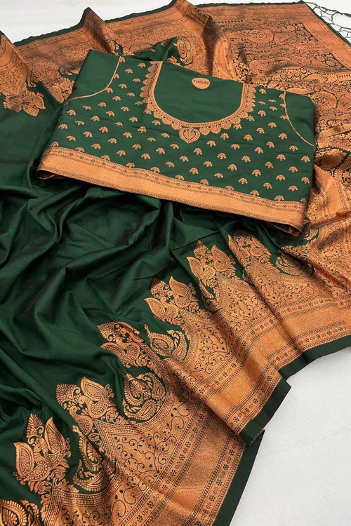 Jacquard Festive Wear Dark Green Soft Banarasi Silk Saree