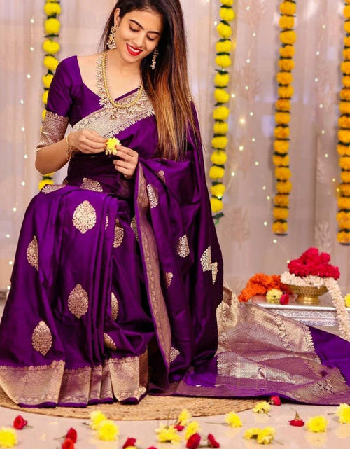 Load image into Gallery viewer, Jacquard Sangeet Wear Purple Soft Banarasi Silk Saree
