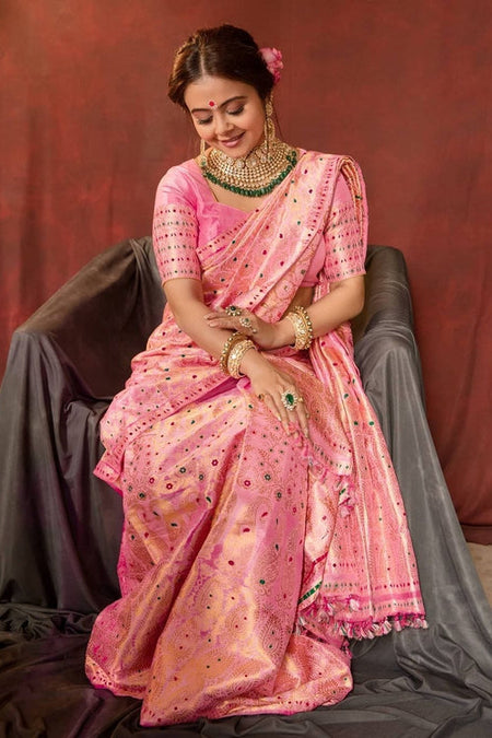 Baby Pink Organza Paithani Saree with Yellow Embroidered Blouse | TST | The  Silk Trend