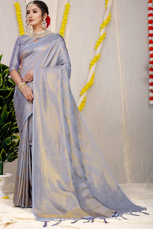 Grey Kanjivaram Silk Handloom Weaving Reception Wear Saree