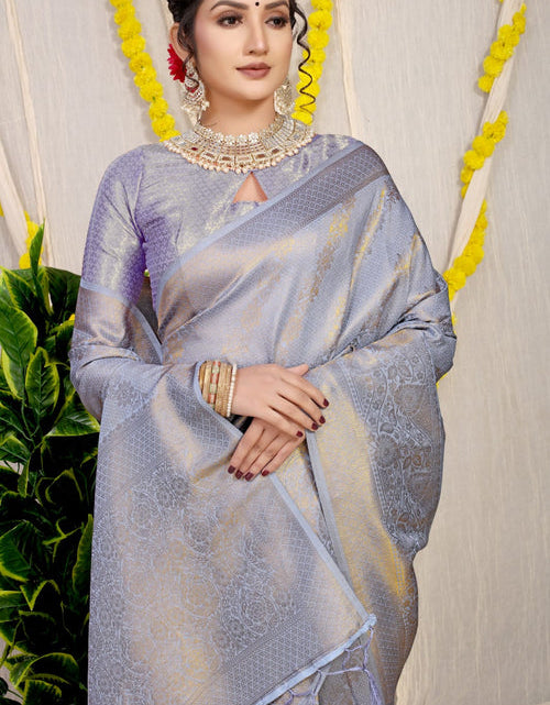 Load image into Gallery viewer, Grey Kanjivaram Silk Handloom Weaving Reception Wear Saree
