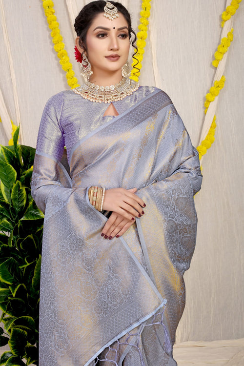 Grey Kanjivaram Silk Handloom Weaving Reception Wear Saree