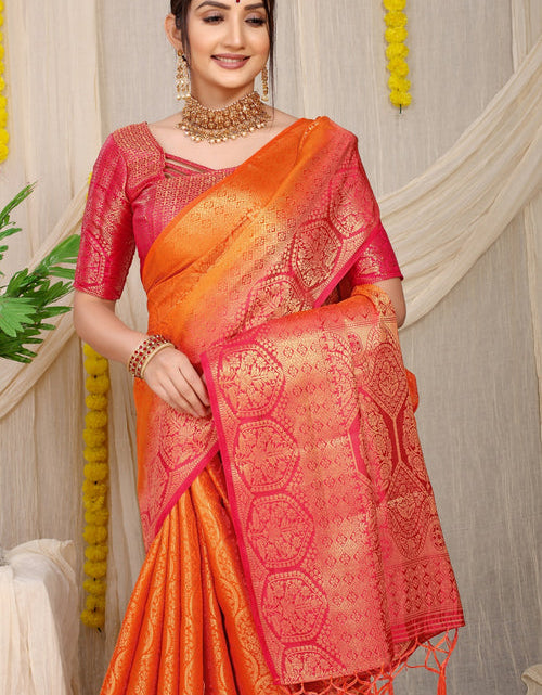 Load image into Gallery viewer, Orange Zari Weaving Party Wear Banarasi Silk Saree
