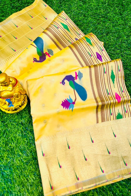 Jacquard Weaving Festive Wear Yellow Paithani Silk Saree