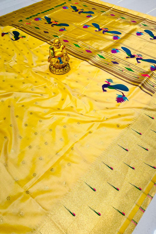 Jacquard Weaving Festive Wear Yellow Paithani Silk Saree