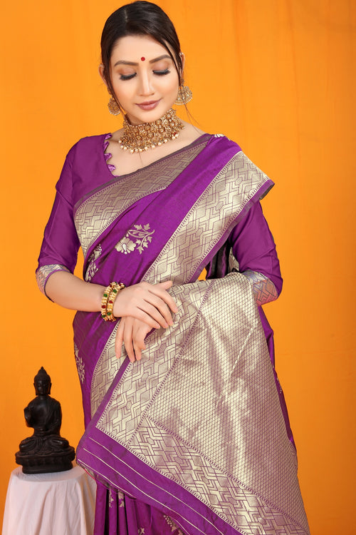 Purple Kanjivaram Silk Festive Wear Zari Weaving Saree