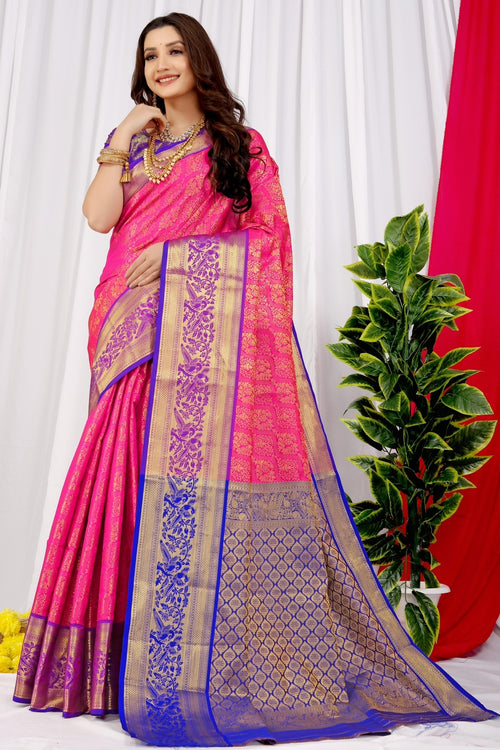 Jacquard Dark Pink Soft Banarasi Silk Sangeet Wear Saree