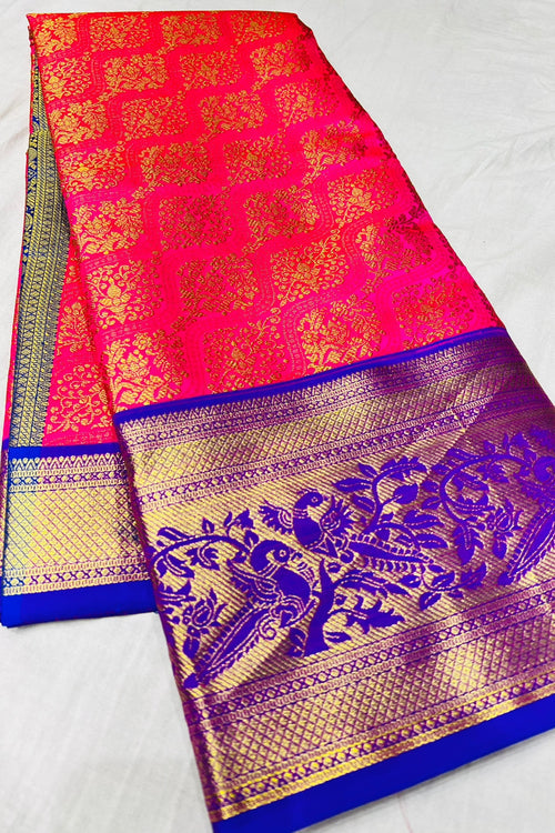 Jacquard Dark Pink Soft Banarasi Silk Sangeet Wear Saree