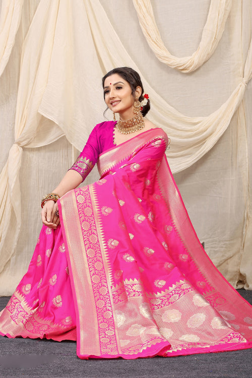 Zari Weaving Kanjivaram Silk Wedding Wear Saree In Pink