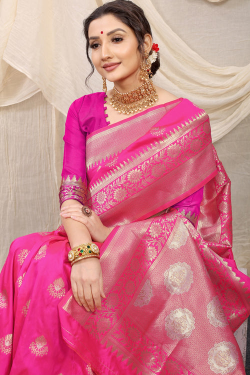 Zari Weaving Kanjivaram Silk Wedding Wear Saree In Pink