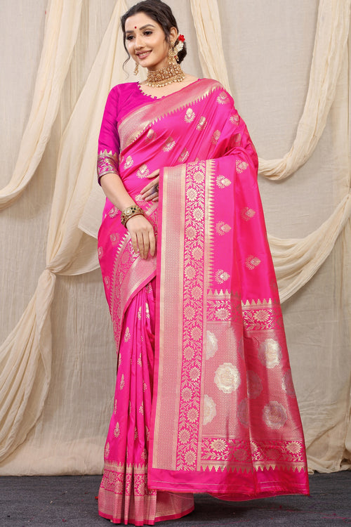 Zari Weaving Kanjivaram Silk Wedding Wear Saree In Pink