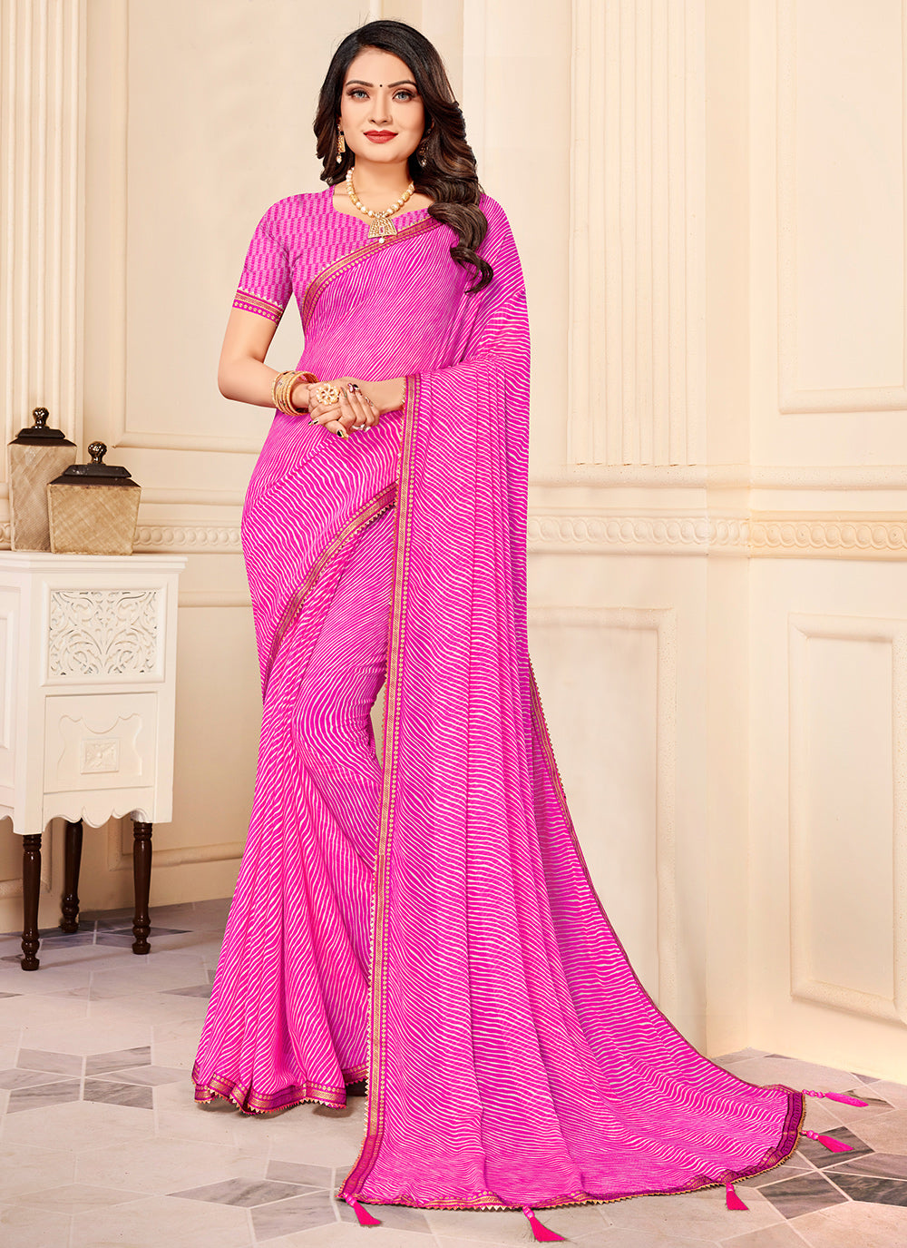 Pink Chiffon Saree with Embroidered Sequins | Seema