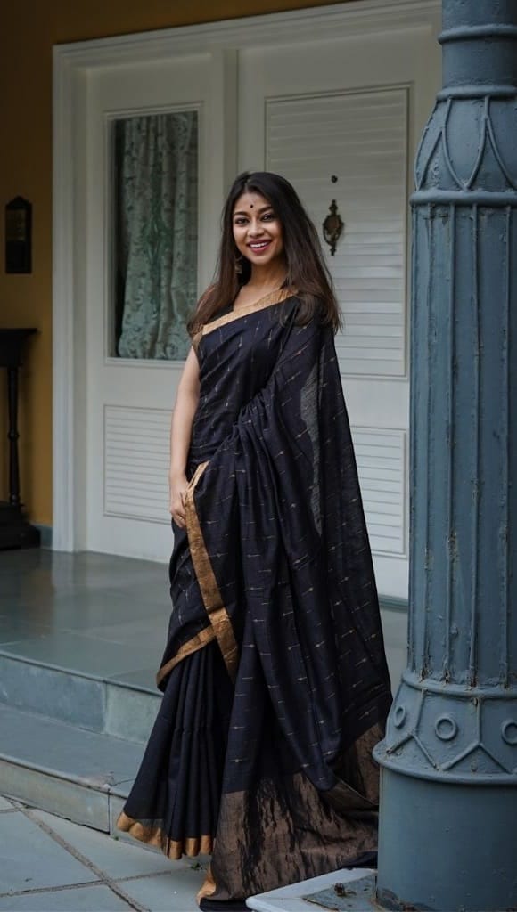 Black Soft Cotton Silk Festive Wear Weaving Saree