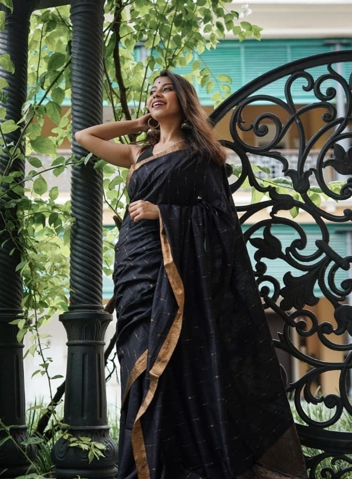 Black Soft Cotton Silk Festive Wear Weaving Saree