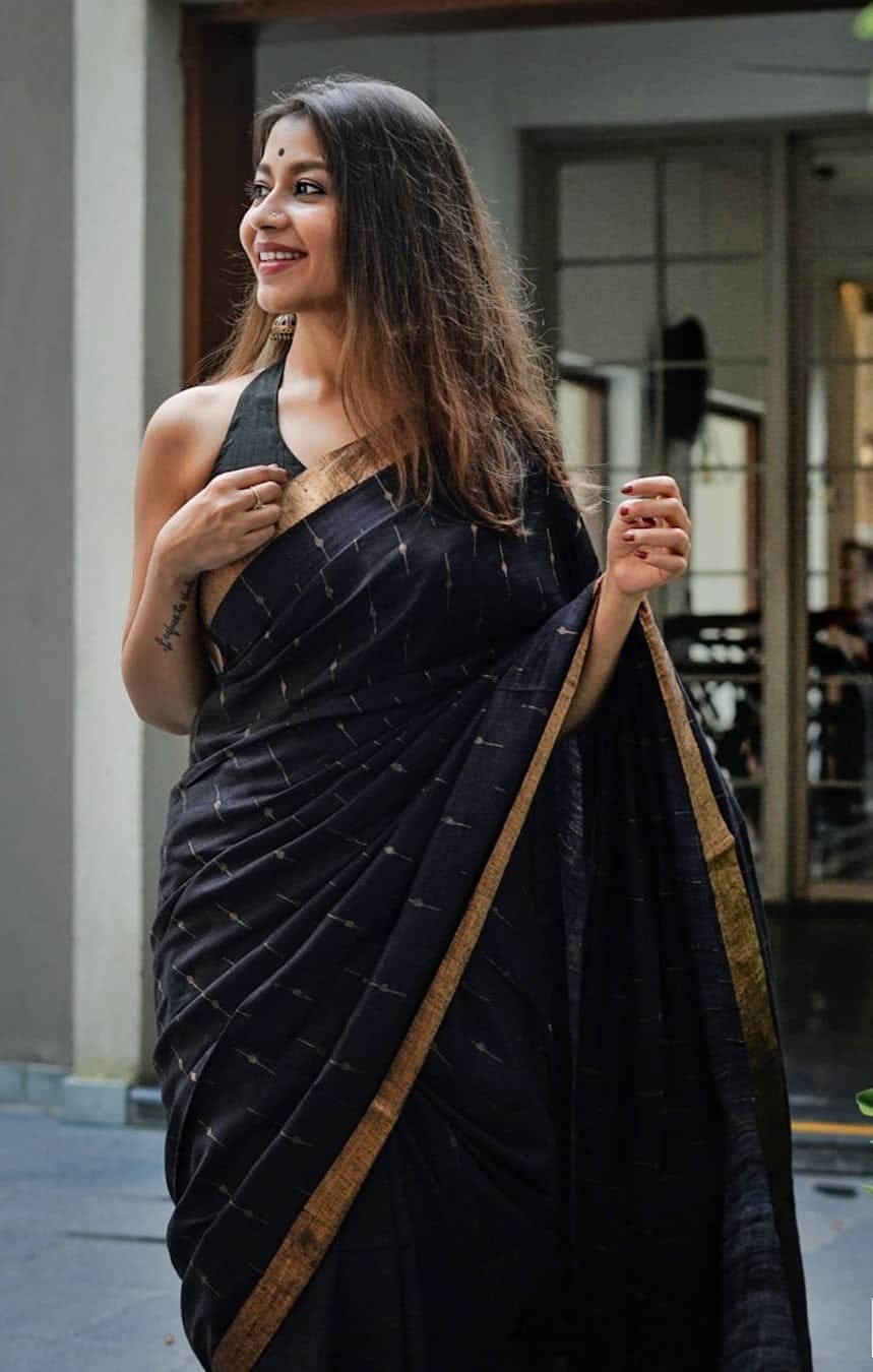 Black Soft Cotton Silk Festive Wear Weaving Saree