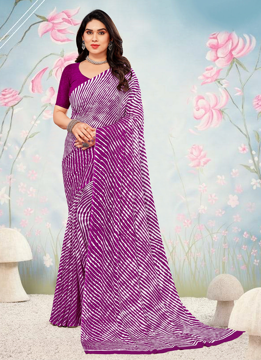 Leheriya Printed Chiffon Casual Wear Saree In Purple