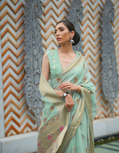 Load image into Gallery viewer, Jacquard Weaving Sea Green Linen Silk Festive Wear Saree
