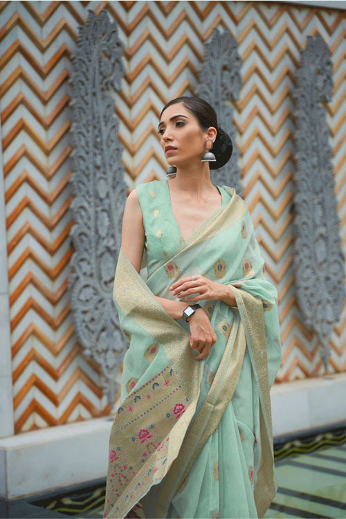 Jacquard Weaving Sea Green Linen Silk Festive Wear Saree