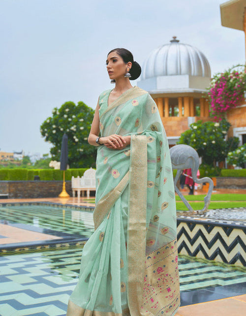 Load image into Gallery viewer, Jacquard Weaving Sea Green Linen Silk Festive Wear Saree
