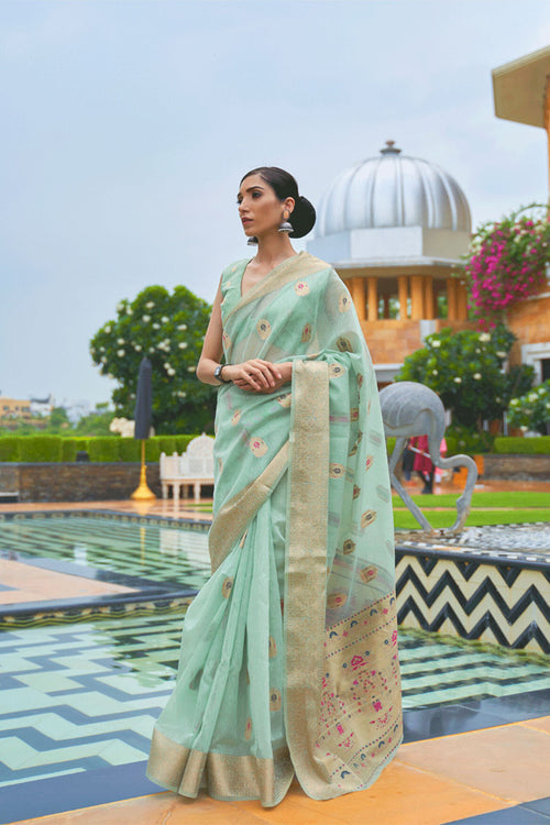 Jacquard Weaving Sea Green Linen Silk Festive Wear Saree