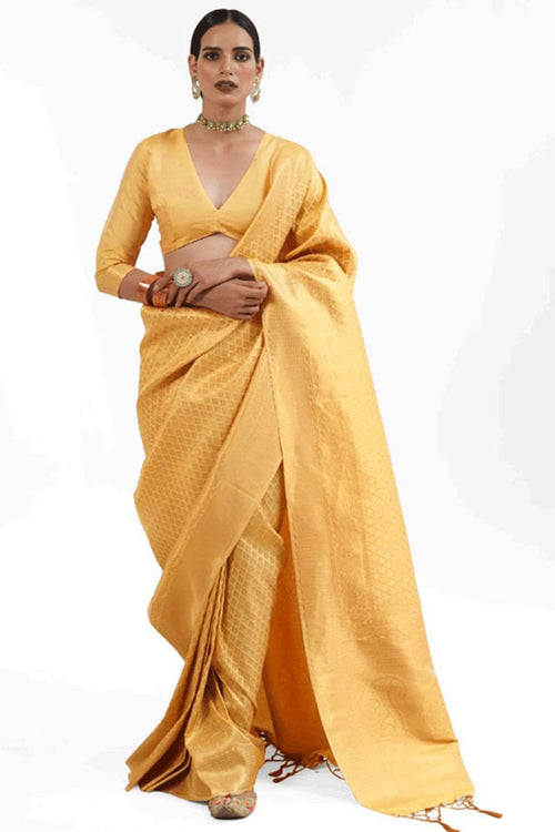 Handloom Weaving Yellow Kanjivaram Silk Reception Wear Saree