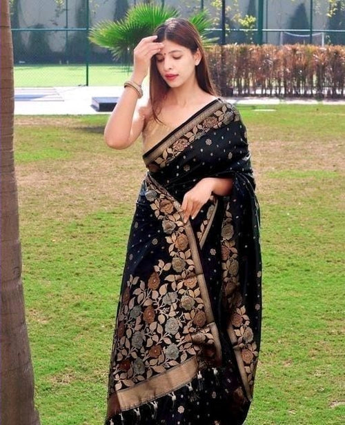 Load image into Gallery viewer, Soft Banarasi Silk Jacquard Black Festive Wear Saree
